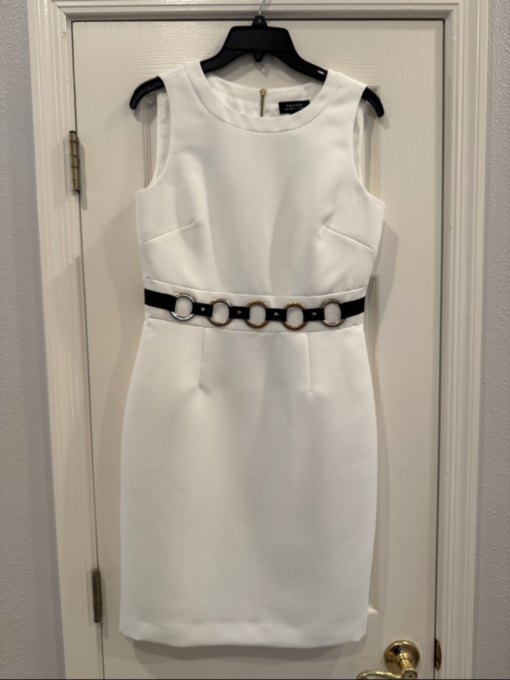 Tahari ASL White Sleeveless Sheath Dress with Black Belt and Gold Rings